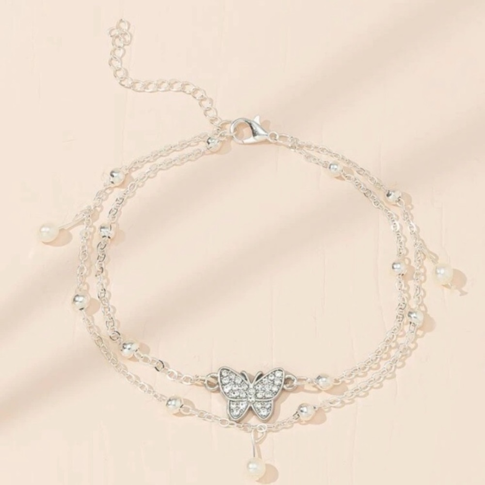 Rhinestone butterfly decor layered anklet